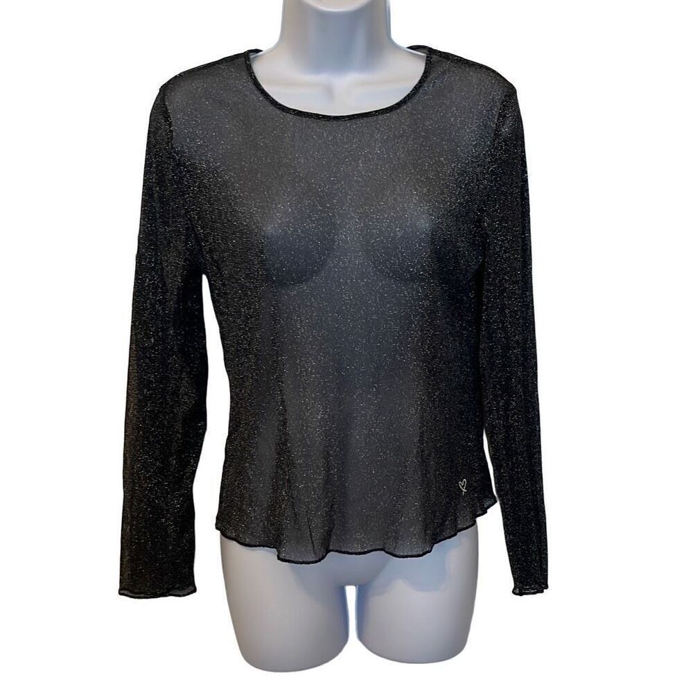 Victorias Secret Y2K Black Silver Glitter Metallic Sheer Top XS/S Sexy Moto Punk
